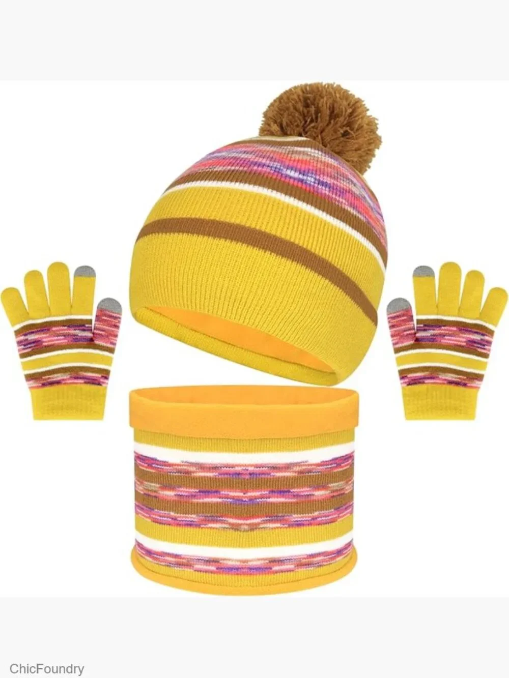 Kids Winter Hat Scarf Gloves Set - Knit Beanie, Fleece Lined for 3-8 Years